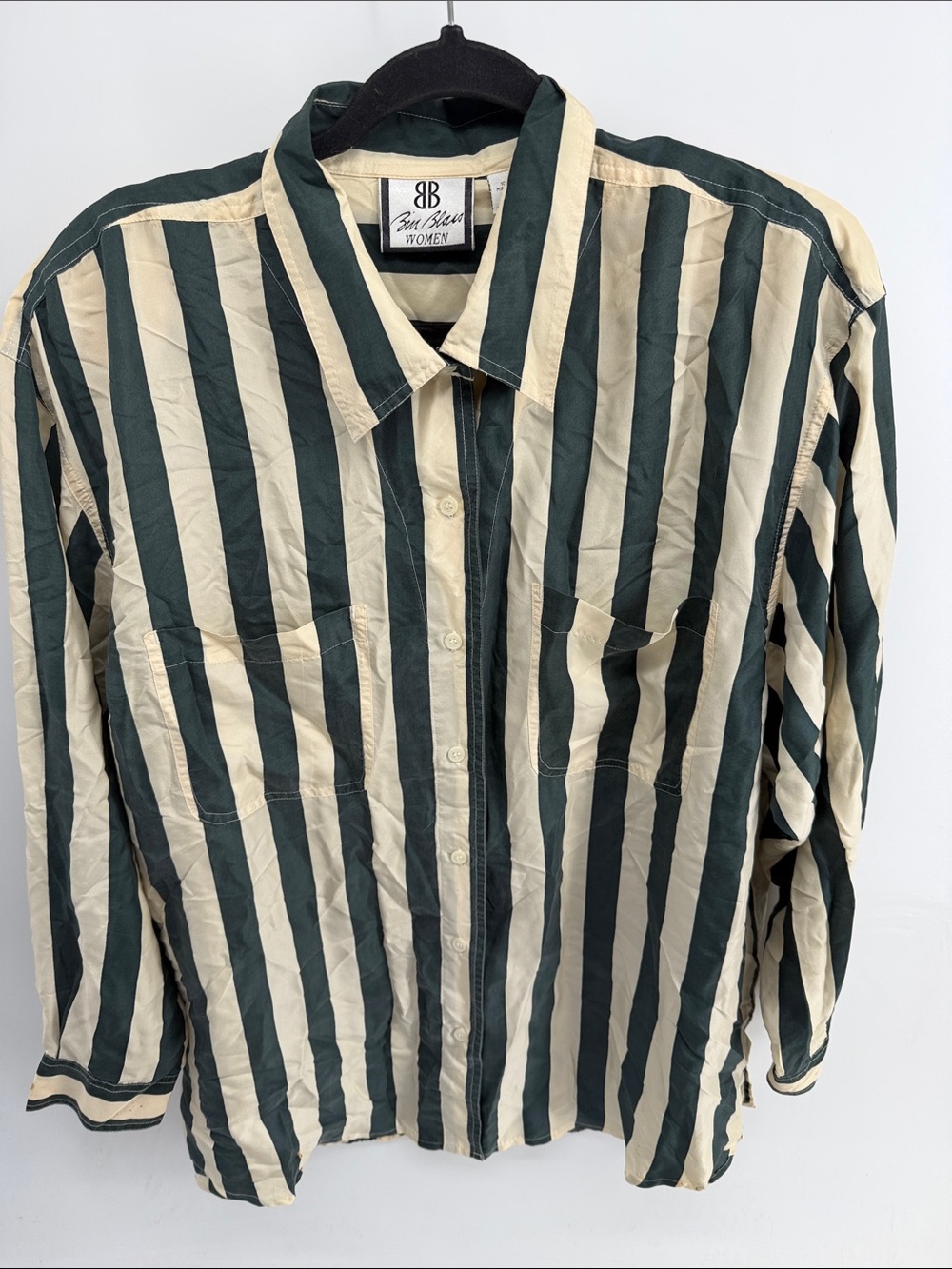 Vintage Bill Blass 100% silk striped shoulder pad long sleevbutton up shirt 1X